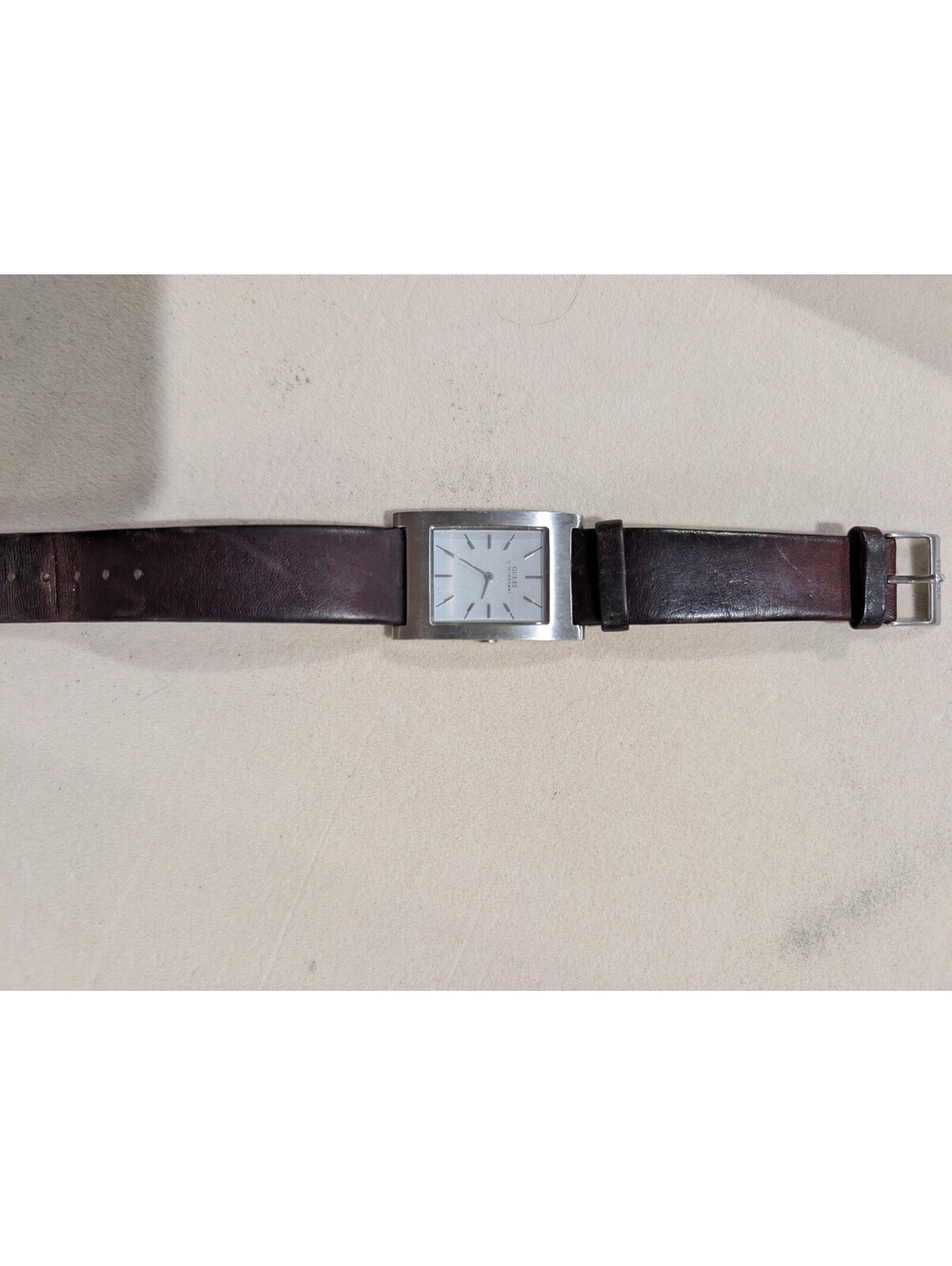GUESS G85061G Men's Rectangular Silver Dial Brown Leather Watch
